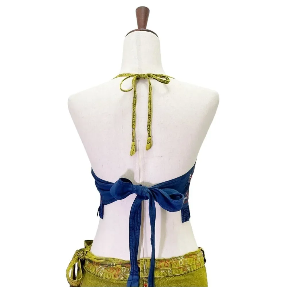 Flower Tie Dye Crop Top Wrap Skirt Set Free Size Boho Festival India Blue Green